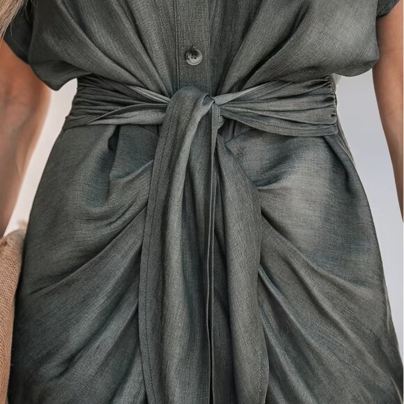 Cupshe Smoke Gray Knotted Sash Shirt Dress | Size XL | NWT | Belted Waist - Picture 3 of 4